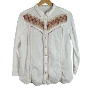 Tanzara Boho Western Top Cream Large Red Embroidered Button Long Sleeve Textured